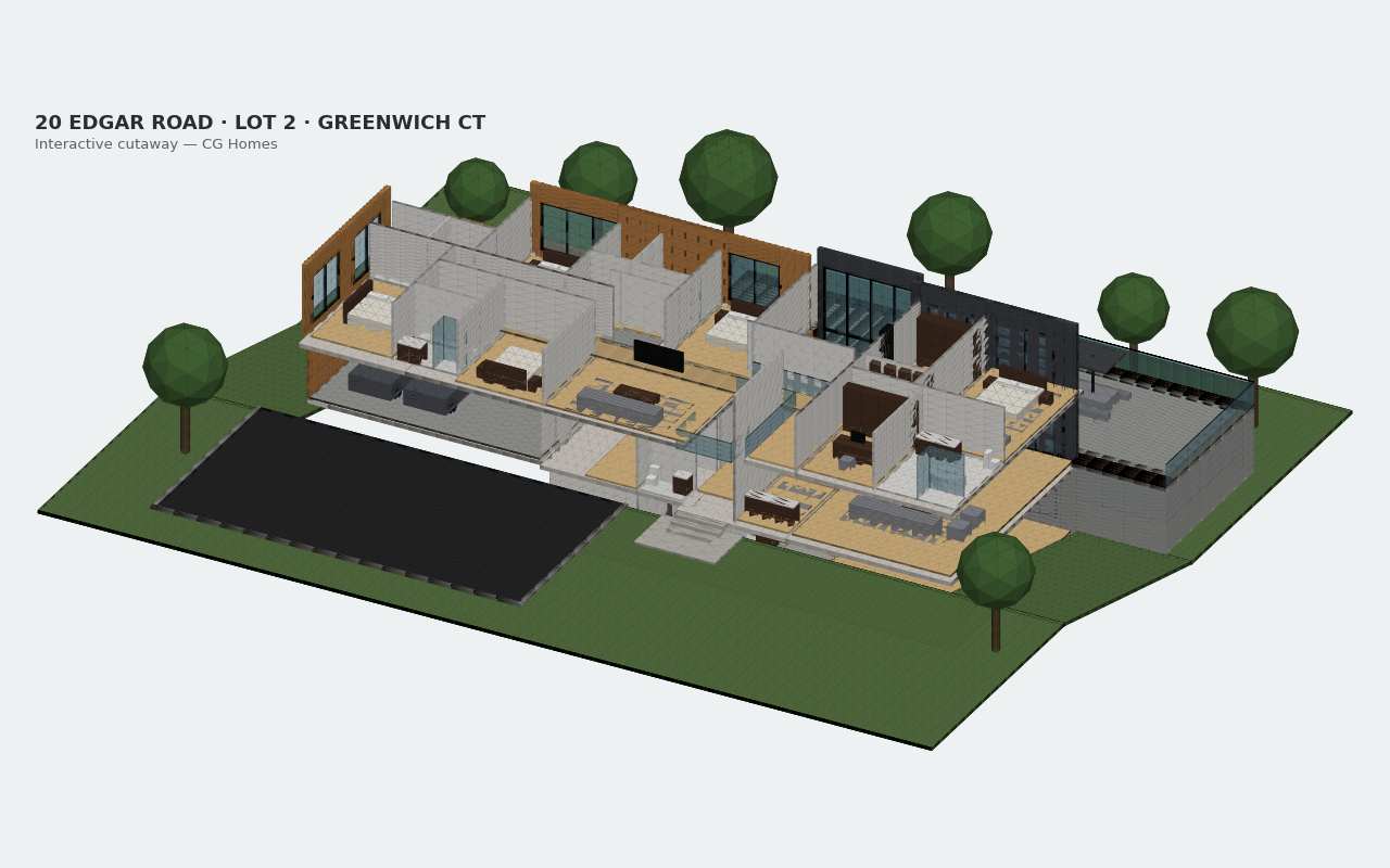 Cutaway of 20 Edgar Road Lot 2 showing the double-height living room, kitchen, dining room, garage wing, lower-level cinema and upstairs bedrooms.