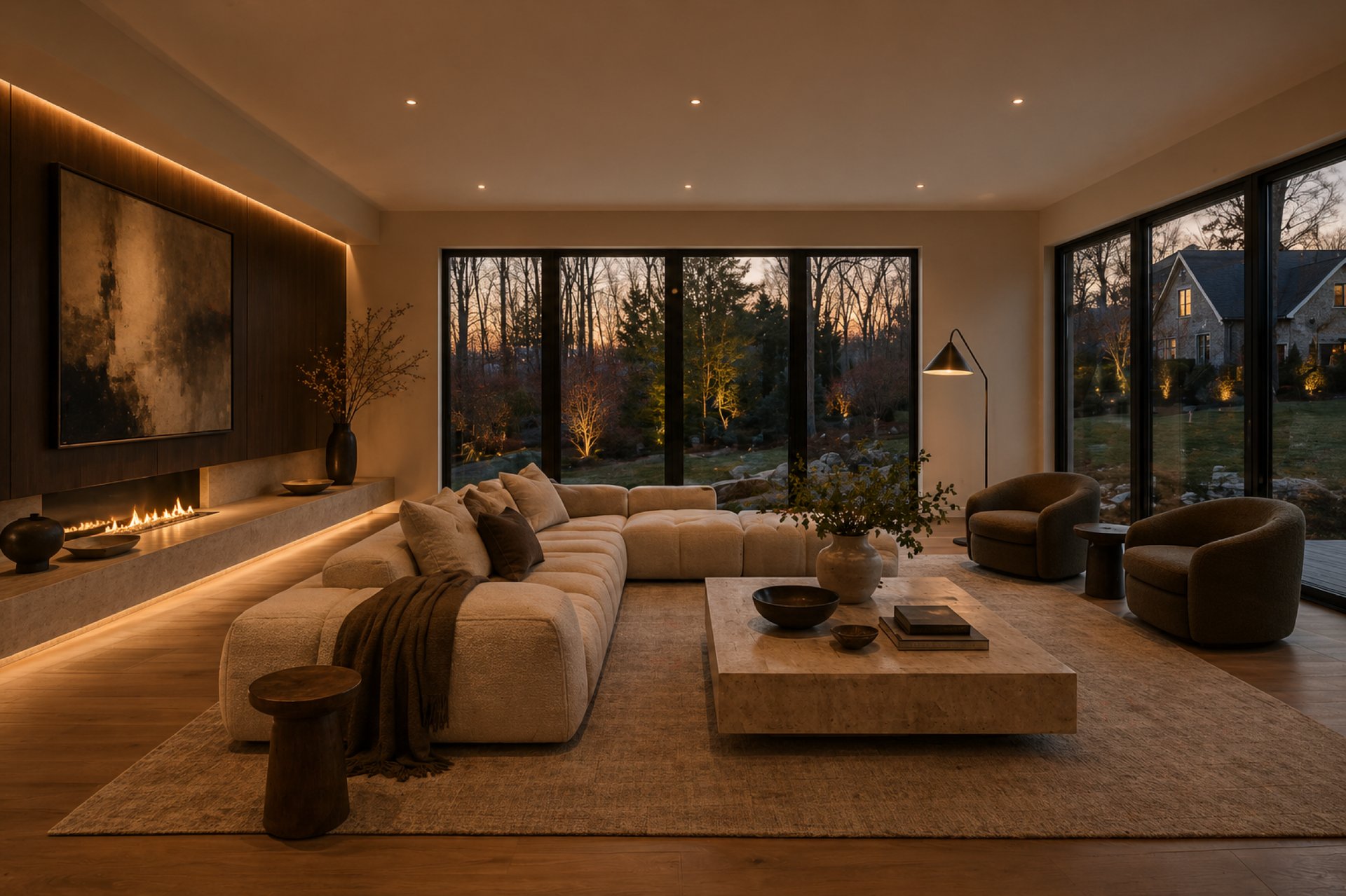 Warm, open living room at dusk