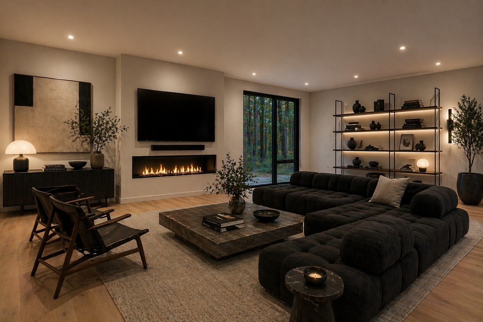 Interior rendering of a CG Homes living room at dusk